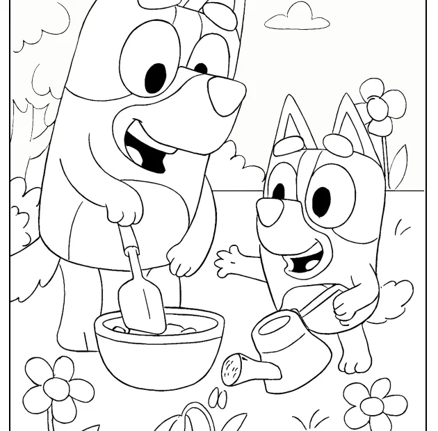 Kolorowanka Bluey – zabawa w ogrodzie – obrazek do druku dla dzieci