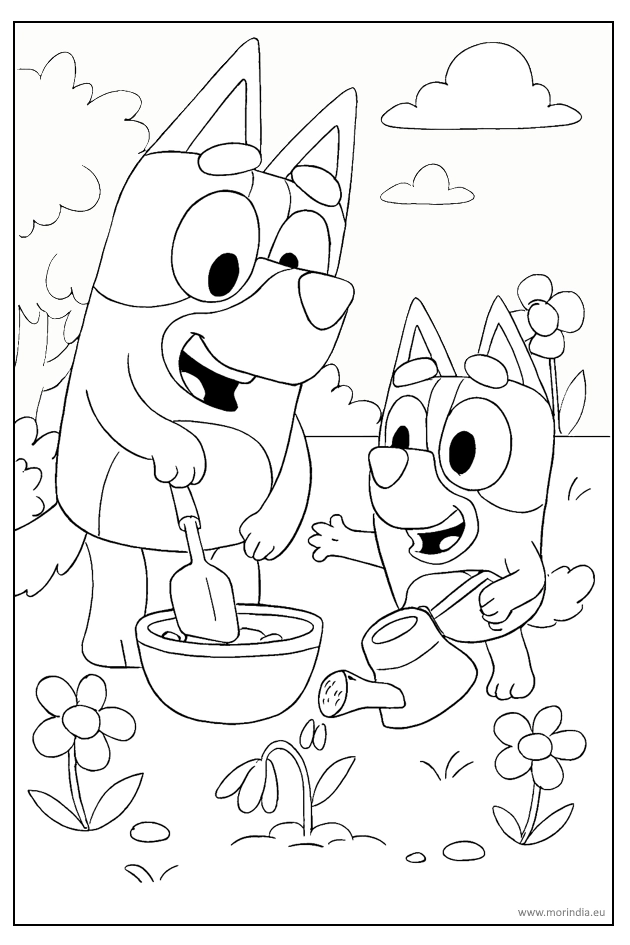Kolorowanka Bluey – zabawa w ogrodzie – obrazek do druku dla dzieci