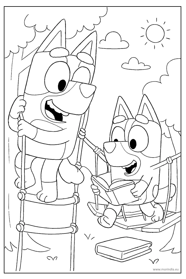 Kolorowanka Bluey – park linowy z Bingo – obrazek do druku dla dzieci