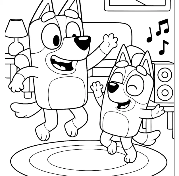 kolorowanka Bluey taniec w salonie do druku