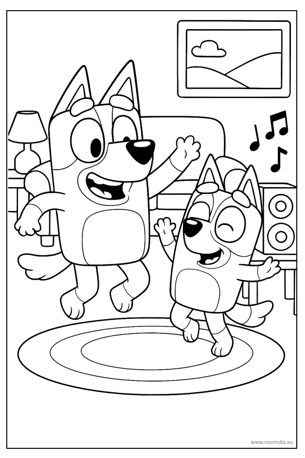 kolorowanka Bluey taniec w salonie do druku