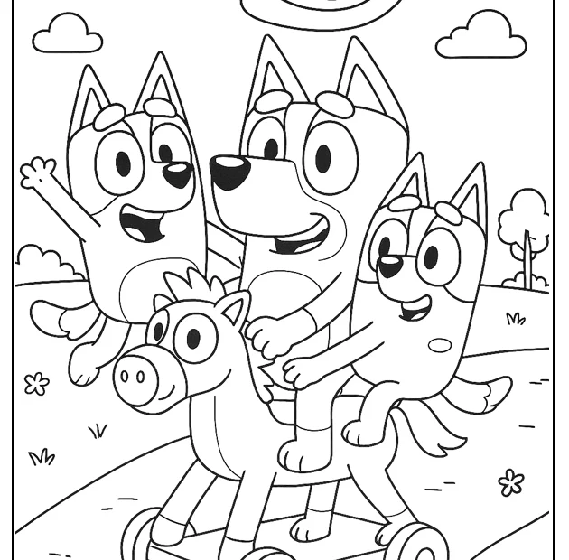 kolorowanka Bluey zabawa na koniku do druku