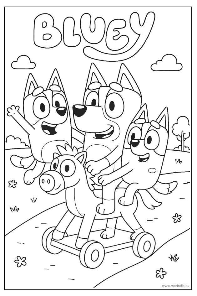 kolorowanka Bluey zabawa na koniku do druku