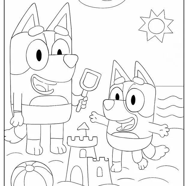 Kolorowanka Bluey – zabawa na plaży – obrazek do druku dla dzieci
