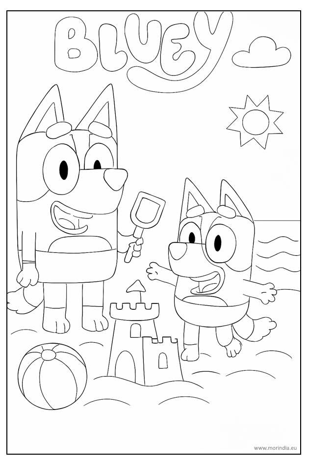 Kolorowanka Bluey – zabawa na plaży – obrazek do druku dla dzieci
