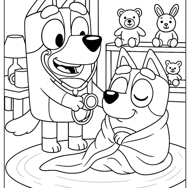kolorowanka Bluey zabawa w lekarza do druku