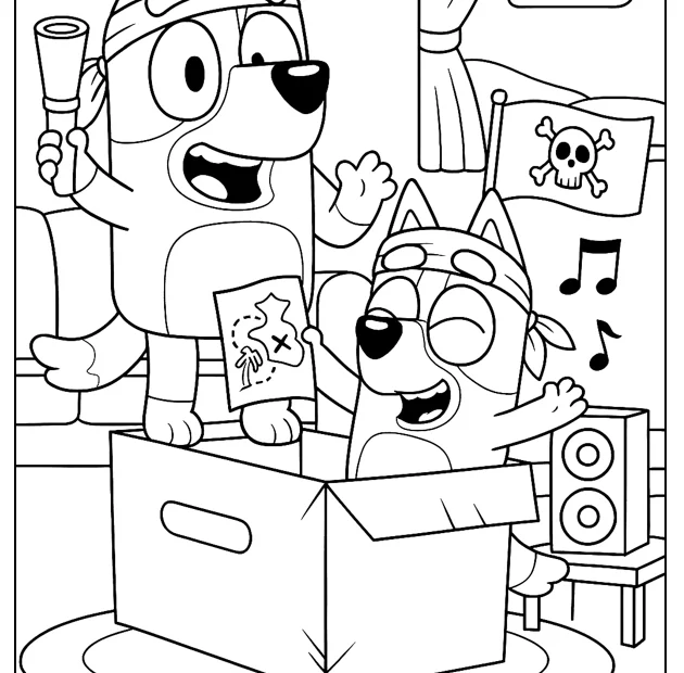 kolorowanka Bluey zabawa na statku w piratów do druku