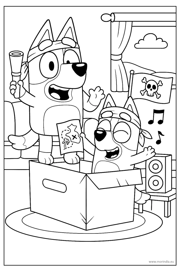 kolorowanka Bluey zabawa na statku w piratów do druku