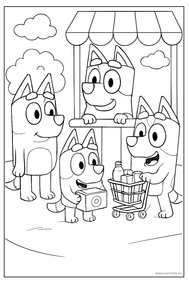 Kolorowanka Bluey – zabawa w sklep – obrazek do druku dla dzieci