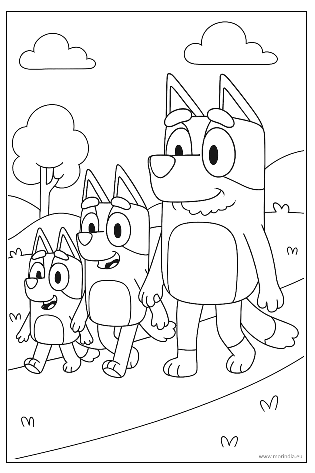 Kolorowanka Bluey – rodzina Heelerów na spacerze, obrazek do druku dla dzieci