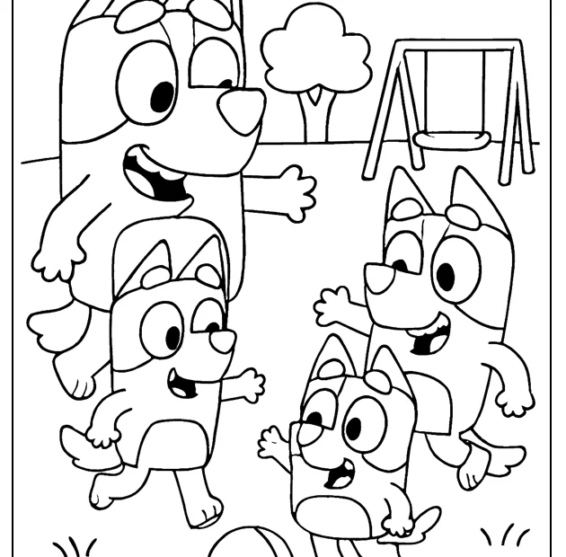 olorowanka rodzinna zabawa na podwórku – obrazek do druku z pieskami