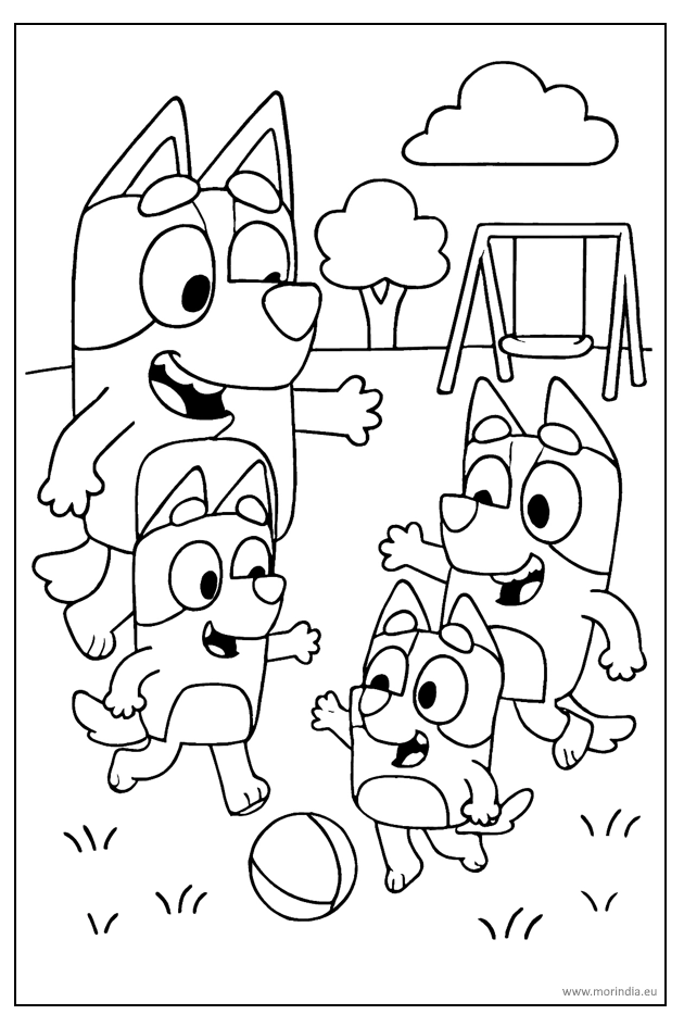 olorowanka rodzinna zabawa na podwórku – obrazek do druku z pieskami