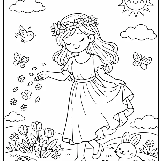 „Kolorowanka Pani Wiosna z motylami, kwiatami i króliczkiem na wiosennej łące”