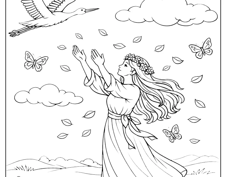 Kolorowanka Pani Wiosna wypuszczająca bociana w niebo – wiosenna scena do druku dla dzieci