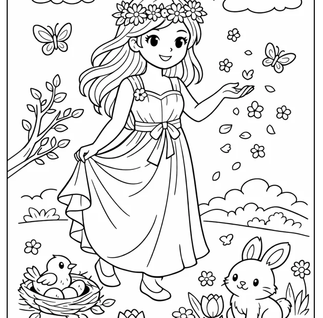 „Kolorowanka Pani Wiosna z ptaszkiem w gnieździe i króliczkiem wśród kwiatów”