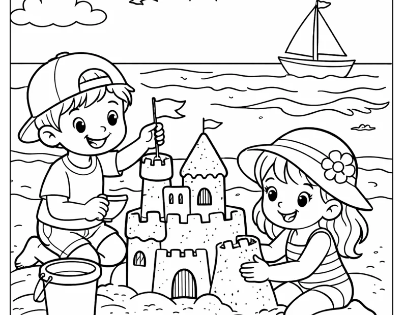 Kolorowanka dzieci na plaży budujące zamek z piasku – do druku