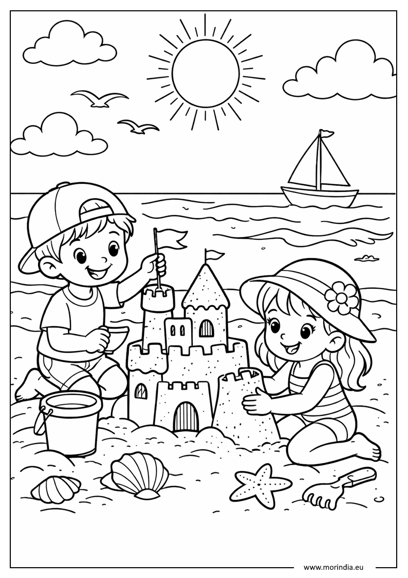 Kolorowanka dzieci na plaży budujące zamek z piasku – do druku