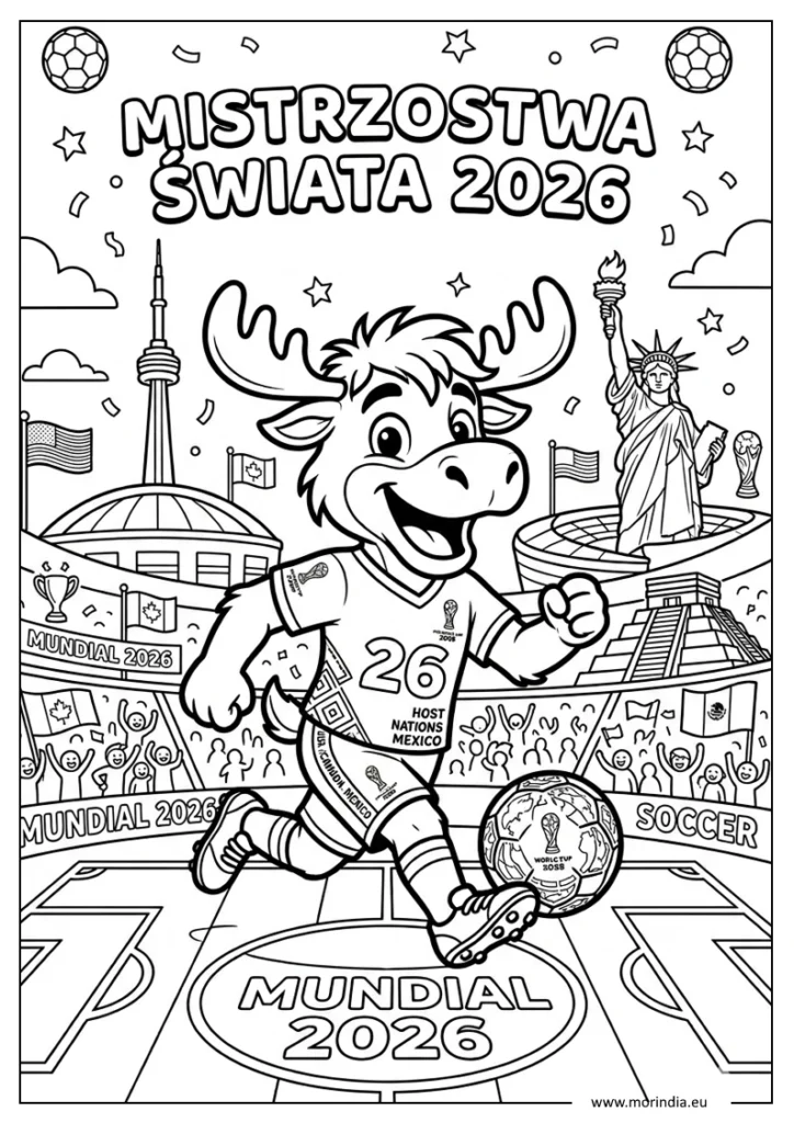 Kolorowanka przedstawiająca oficjalną maskotkę Mistrzostw Świata 2026 grającą w piłkę nożną, do wydrukowania dla dzieci.