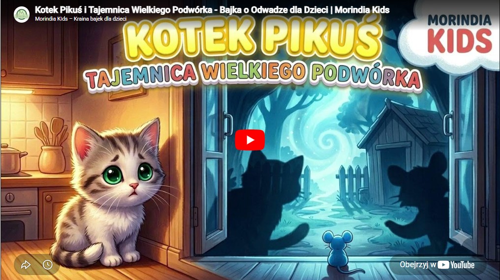 Ilustracja do bajki „Kotek Pikuś i Tajemnica Wielkiego Podwórka” – bajka o odwadze dla dzieci