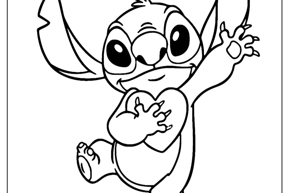 Kolorowanka niebieski kosmiczny stworek kawaii trzymający serduszko, inspirowany stylistyką Lilo i Stitch.