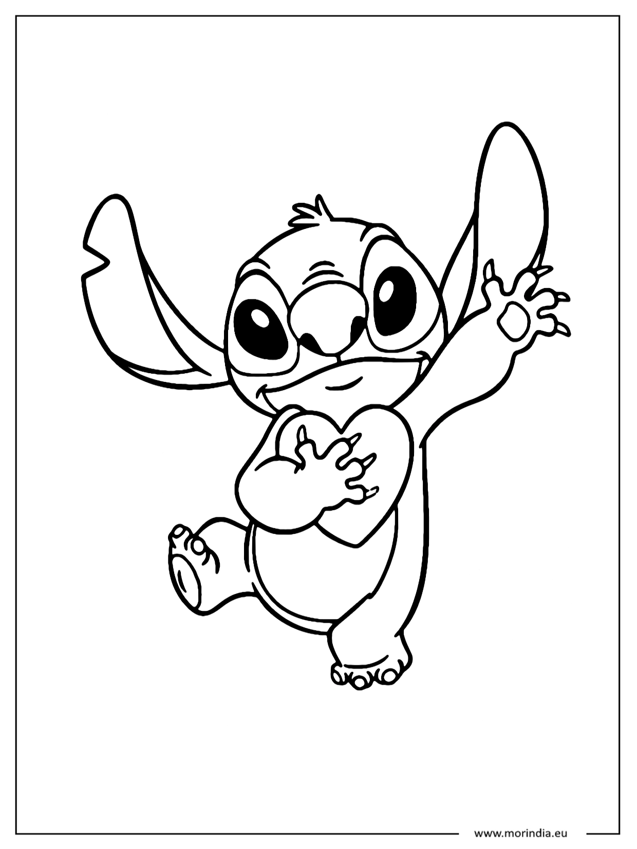 Kolorowanka niebieski kosmiczny stworek kawaii trzymający serduszko, inspirowany stylistyką Lilo i Stitch.