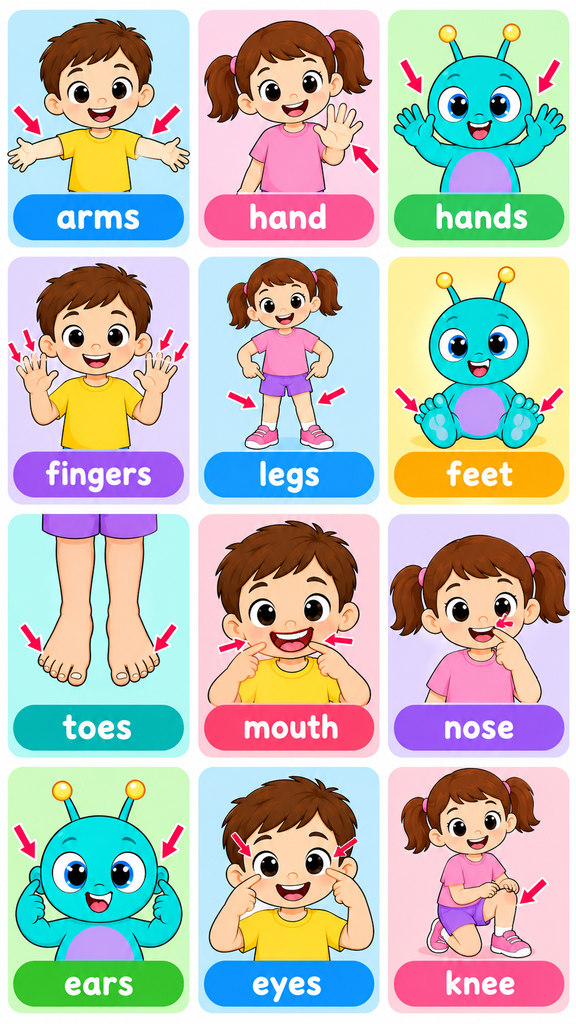Kolorowa plansza edukacyjna dla dzieci przedstawiająca części ciała po angielsku: head, eyes, ears, nose, mouth, shoulders, arms, hands, fingers, legs, feet, toes.