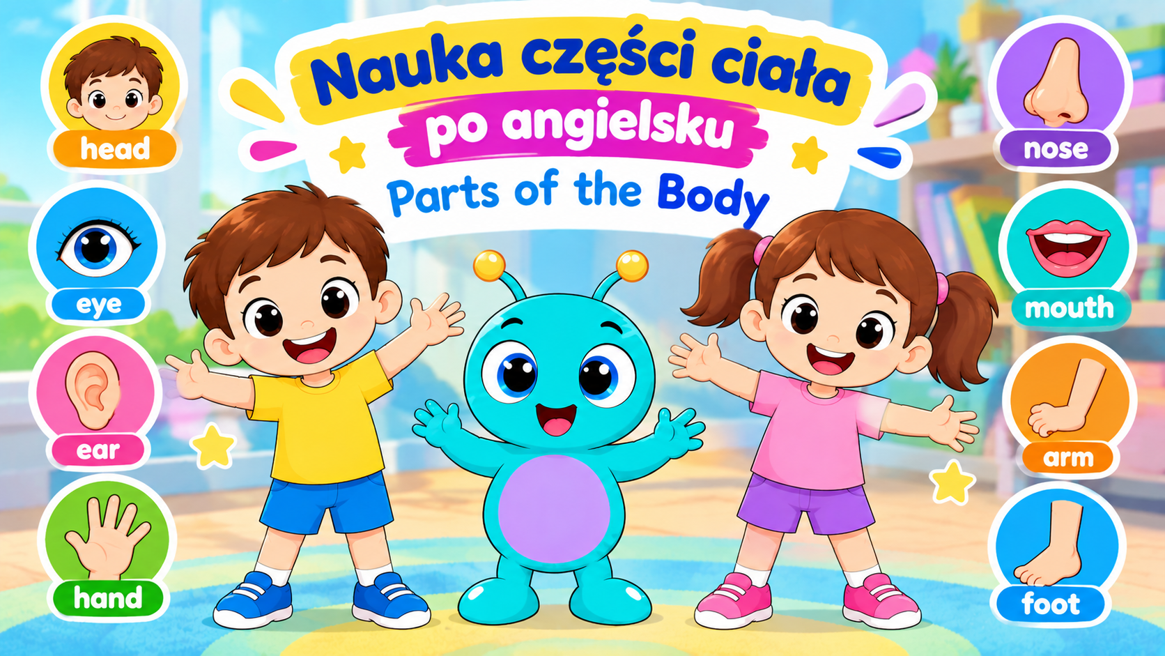 Kolorowa plansza edukacyjna dla dzieci przedstawiająca części ciała po angielsku: head, eyes, ears, nose, mouth, shoulders, arms, hands, fingers, legs, feet, toes.